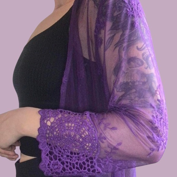Rich Purple  Lace mesh Cardigan kimono with crochet trim sleeves - Picture 5 of 5